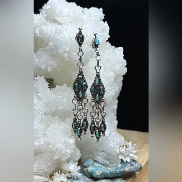 Artisan Native American Sterling Silver Turquoise Chandelier Dangle Earrings - Picture 3 of 10